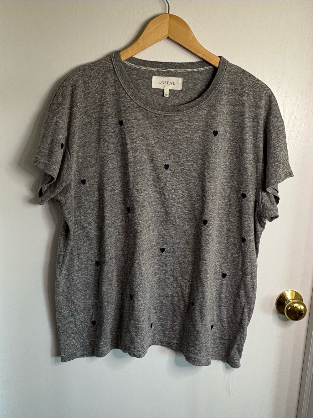 THE GREAT. Embroidered Heart Print Crew Neck Short Sleeve T-Shirt Sz L Classic